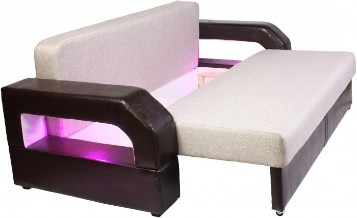 Диван-еврокнижка Манчестер 160х200, с подсветкой, велюр/экокожа бежевая/коричневая