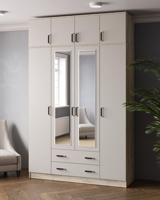 Шкаф 1,6 Лагуна с антресолью, Дуб крафт серый/Кашемир