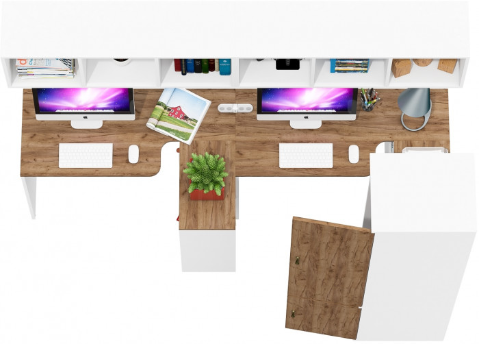 Лидер-8 Стол + Полка + Стол + Полка + Пенал МД 23Б, белый шагрень/крафт золото