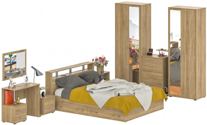 Камелия спальня № 10 Кровать с ящиками 1600 + Две тумбы + Стол косм. + Зеркало + Комод + Шкаф, цвет дуб сонома, 1600х2000 мм., б/м, осн. есть