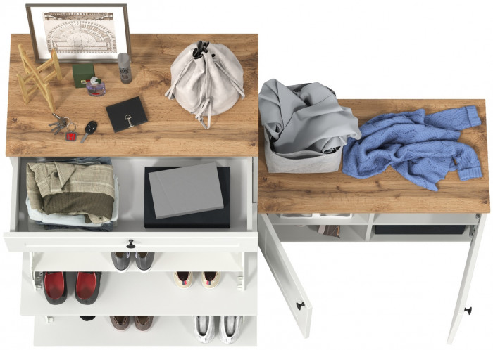 Остин 16.121 Тумба для обуви + 13.257 Тумба, белый шагрень/дуб крафт золотой