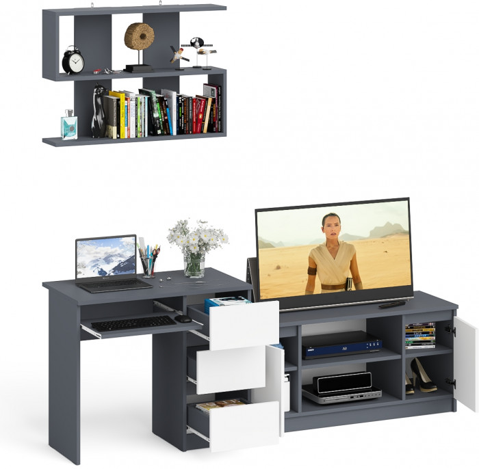 Мори Стол компьютерный МС-6 правый + Тумба МТВ1200.1 + Полка 900, цвет графит/белый, ШхГхВ 210,4х50х209,6 см., НЕ универсальная сборка