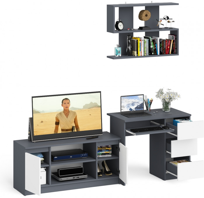 Мори Стол компьютерный МС-6 правый + Тумба МТВ1200.1 + Полка 900, цвет графит/белый, ШхГхВ 210,4х50х209,6 см., НЕ универсальная сборка