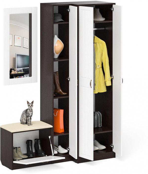 Прихожая П-6 Компоновка № 26, венге/фасады МДФ белое дерево фрезеровка прованс