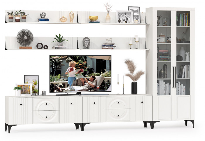 Валенсия Гостиная № 084, ЛДСП белый шагрень/МДФ белый шагрень