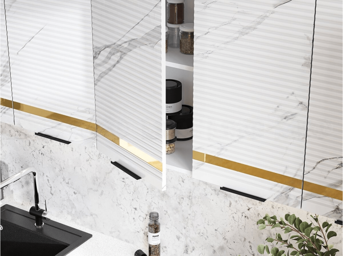 Кухня МДФ Милена 2600 (Белый, Мрамор блэк софт, Антарес)