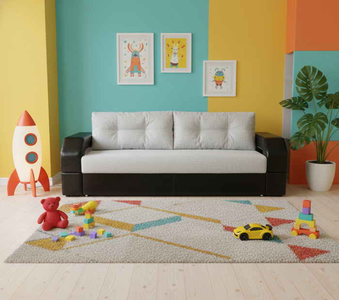 Диван-еврокнижка Манчестер 160х200, с подсветкой, велюр/экокожа серая/черная