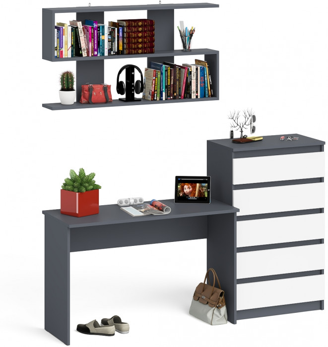 Мори письменный стол МСП1200.1 + Комод МК700.5 + Полка 1200, графит/белый