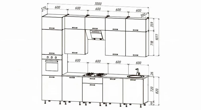 Кухня Рио NEW ЛДСП 3,0м/1080м (490), Компановка №3/1, Бетон светлый/Крафт белый