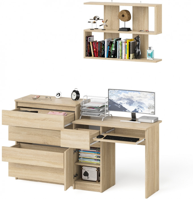 Мори Стол компьютерный МС-1 левый + Комод МК800.4 + Полка 900, цвет дуб сонома, ШхГхВ 170,4х50х209,6 см., НЕ универсальная сборка