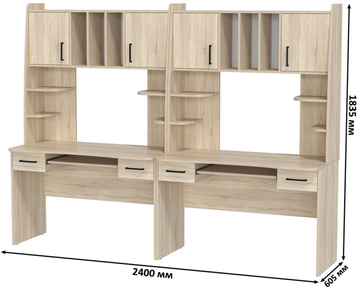 Два стола рабочих 6-0604 Бета + два кресла 103 чёрных, цвет дуб сонома, ШхГхВ 240х60,5х183,5 см.