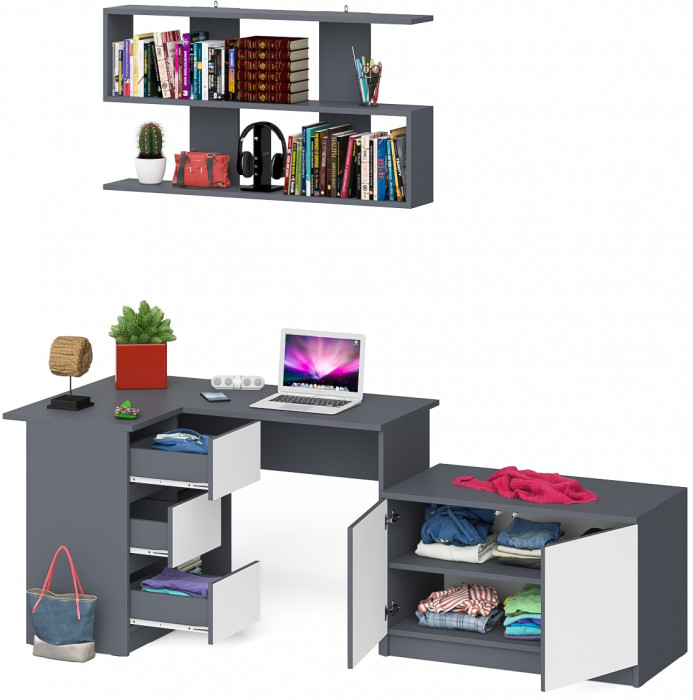 Мори компьютерный стол МС-16 левый + Тумба МА900.1 + Полка 1200, графит/белый