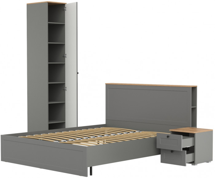 Остин 11.53 Кровать + ортопед + 13.225 Шкаф-пенал + 16.152 Тумба прикроватная, серый графит/дуб крафт золотой