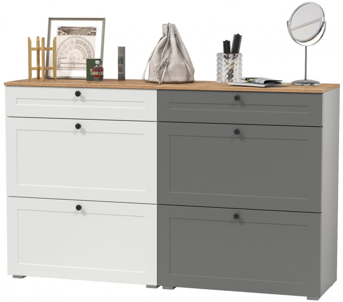 Остин 16.121 Тумба для обуви + 16.121 Тумба для обуви, белый шагрень/серый графит/дуб крафт золотой