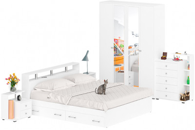 Камелия спальня № 11 Кровать с ящиками 1800 + Две тумбы + Комод + Шкаф 4-х створчатый, цвет белый, сп.м. 1800х2000 мм., б/м, основание есть