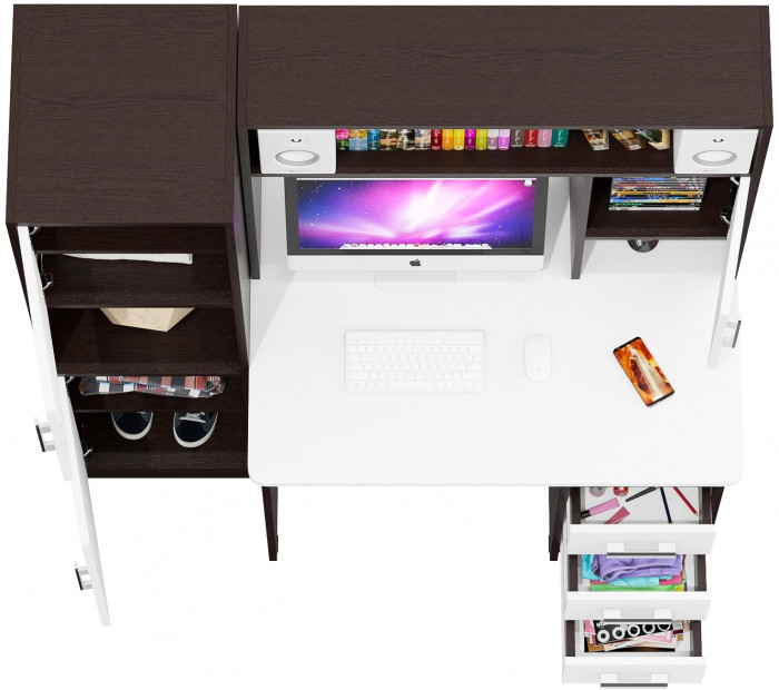 Стол компьютерный С-МД-СК9+Пенал С-МД-СК9П, цвет венге/белый шагрень, ШхГхВ 145х70х160 см., НЕ универсальная сборка