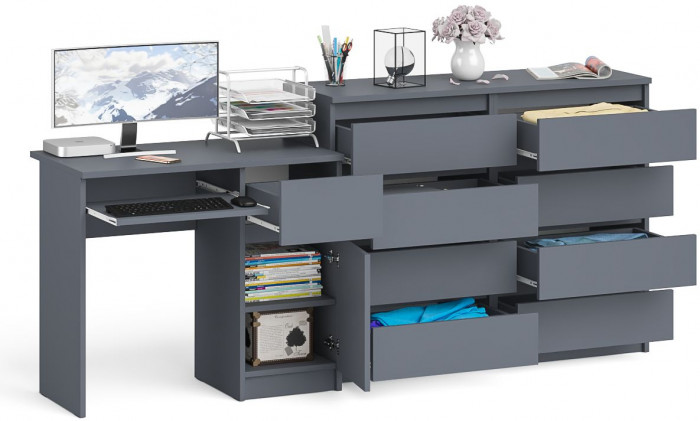 Мори компьютерный стол МС-1 правый + Комод МК1200.8, графит