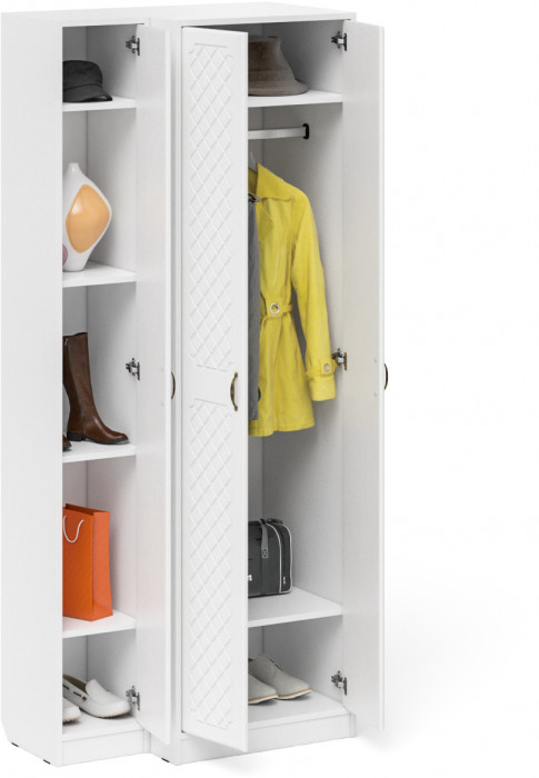 Прихожая П-6 Шкаф + Пенал, цвет белая шагрень/фасады МДФ белое дерево фрезеровка ромб, ШхГхВ 90х50х210 см., универсальная сборка
