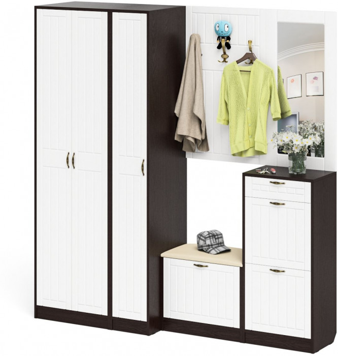 Прихожая П-6 Компоновка № 51, венге/фасады МДФ белое дерево фрезеровка прованс