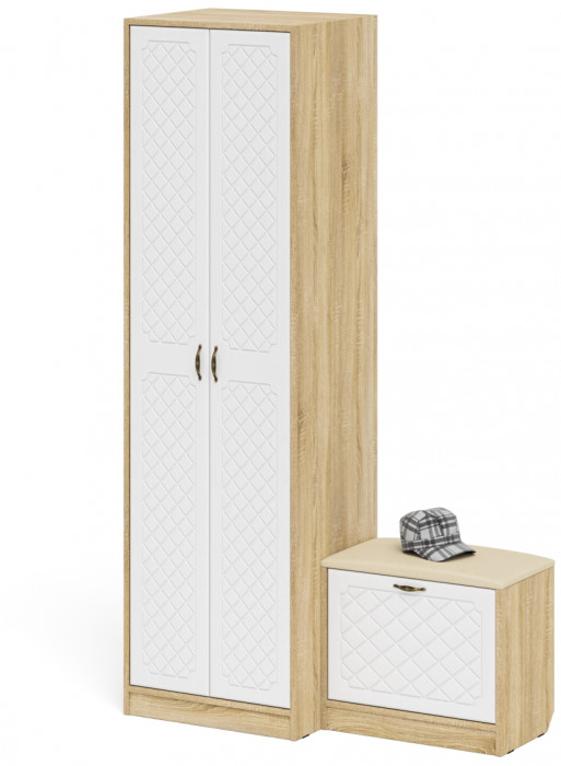 Прихожая П-6 Компоновка № 10, цвет дуб сонома/фасады МДФ белое дерево фрезеровка ромб, ШхГхВ 120х50х210 см., универсальная сборка