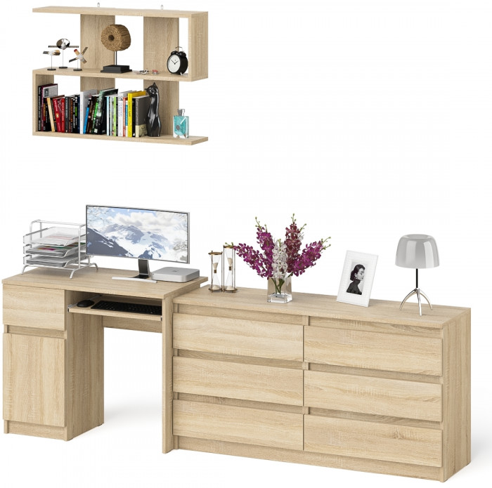 Мори компьютерный стол МС-1 левый + Комод МК1380.6 + Полка 900, дуб сонома