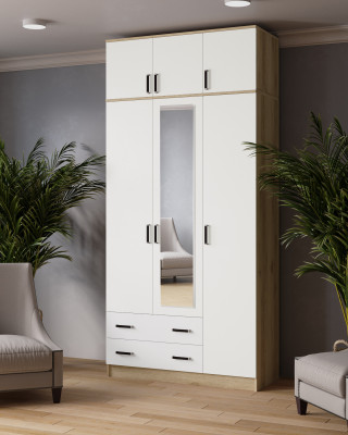 Шкаф комбинированный 1,2 Лагуна с антресолью и зеркалом, Дуб делано/Белый