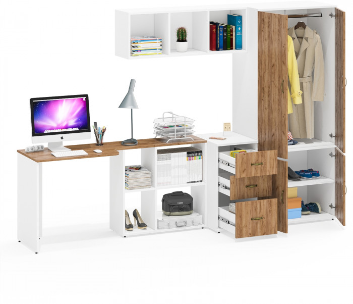 Лидер-8 Стол + Полка + Тумба МД 3.16 + Шкаф МД 19Б, цвет белый шагрень/крафт золото, ШхГхВ 285х50/50х75/190 или 115х200/50х75/190 см., НЕ ун. сб.