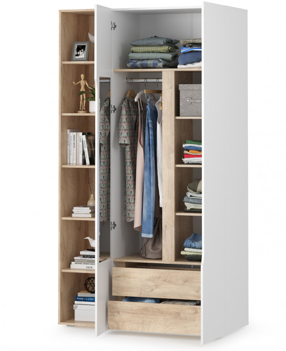 Муссон 13.198 Шкаф двухстворчатый + 13.349 Стеллаж, цвет белый/дуб эндгрейн элегантный, ШхГхВ 127,6х52,3х229,8 см., НЕ универсальная сборка