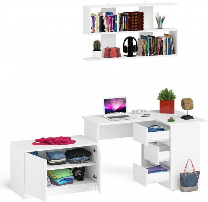Мори Стол компьютерный МС-16 правый + Тумба МА900.1 + Полка 1200, цвет белый, ШхГхВ 214,8х84,9х209,6 см., НЕ универсальная сборка