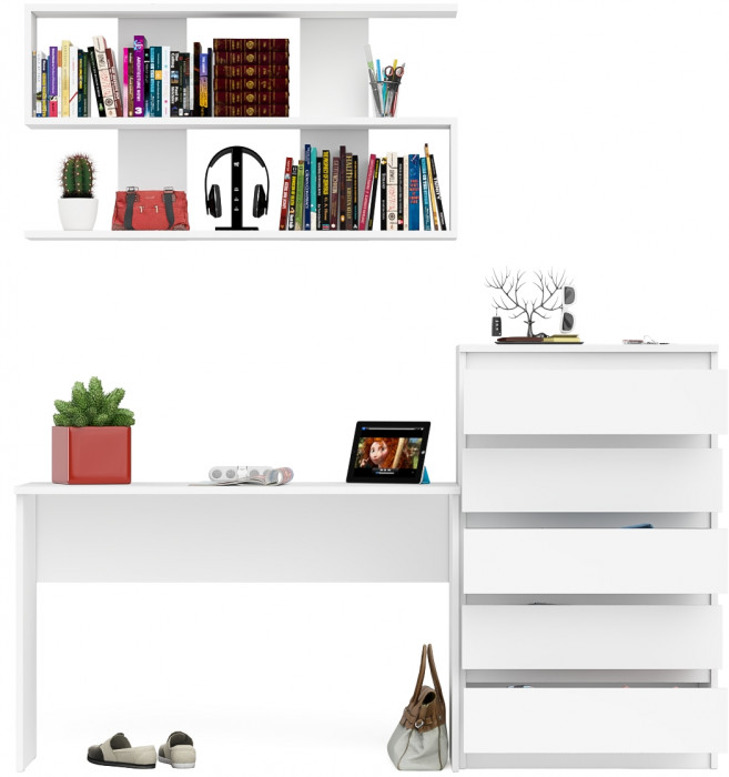 Мори Стол письменный МСП1200.1 + Комод МК700.5 + Полка 1200, цвет белый, ШхГхВ 190,8х50х209,6 см., универсальная сборка