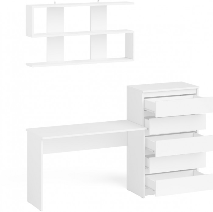 Мори Стол письменный МСП1200.1 + Комод МК700.5 + Полка 1200, цвет белый, ШхГхВ 190,8х50х209,6 см., универсальная сборка