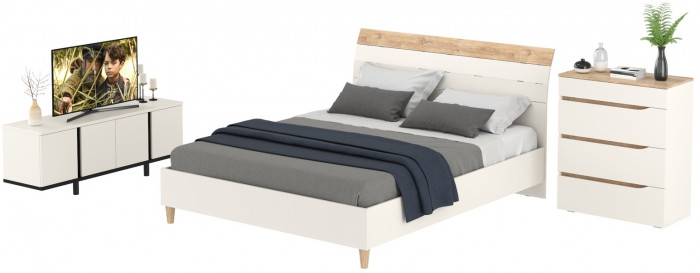 Муссон Кровать 11.41 + ортопед + Комод 13.97 + Тумба ТВ 13.276, цвет белый/чёрный/дуб эндгрейн элегантный, сп. м. 1600х2000 мм., б/м