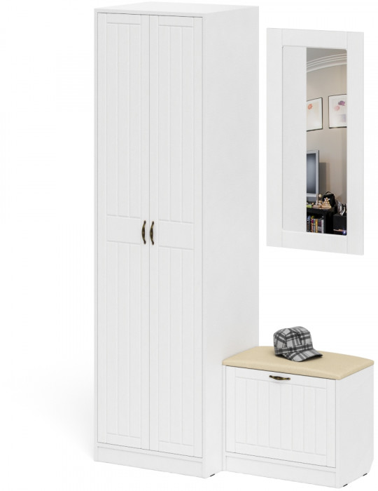 Прихожая П-6 Компоновка № 11, цвет белая шагрень/фасады МДФ белое дерево фрезеровка прованс, ШхГхВ 120х50х210 см., универсальная сборка