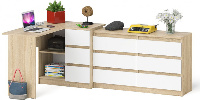 Мори компьютерный стол МС-16 правый + Комод МК1200.6, дуб сонома/белый