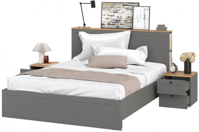 Остин 11.53 Кровать + ортопед + 16.152 Тумба 2 шт., серый графит/дуб крафт золотой