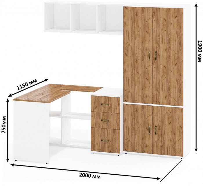 Лидер-8 Стол + Полка + Тумба МД 3.16 + Шкаф МД 20Б, цвет белый шагрень/крафт золото, ШхГхВ 285х50/37,5х75/190 или 115х200/50х75/190 см., НЕ ун. сб.