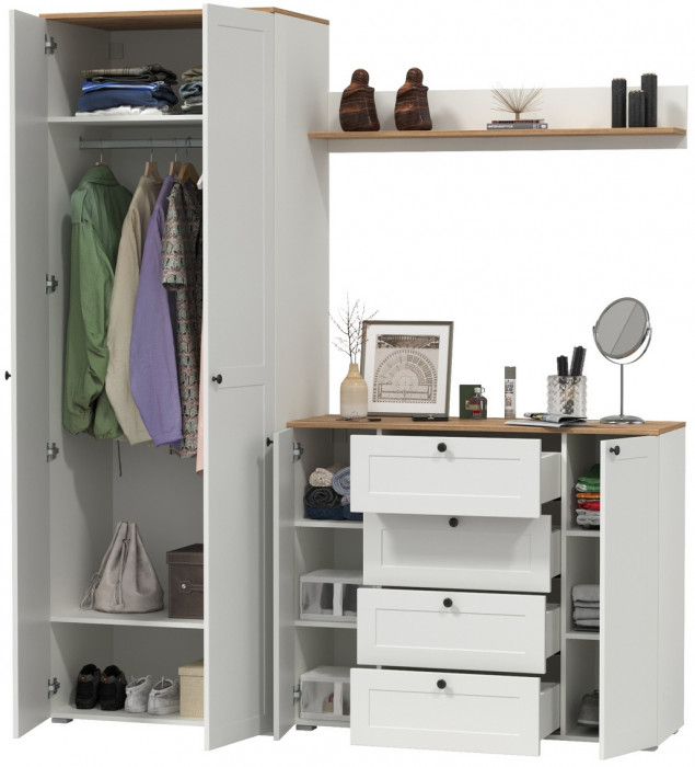 Остин Прихожая 62, цвет белый шагрень/дуб крафт золотой, ШхГхВ 200х54,3х229,6 см., универсальная сборка