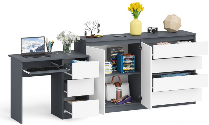 Мори Стол компьютерный МС-6 правый + Комод МК1600.1, цвет графит/белый, ШхГхВ 250,4х50х94 см., выдвижные ящики справа, НЕ универсальная сборка
