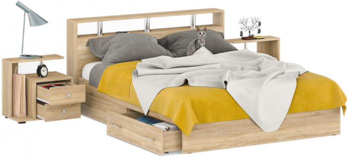 Камелия Кровать с ящиками 1600 + две тумбы, дуб сонома
