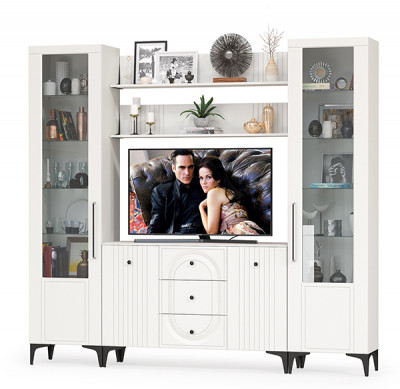 Валенсия Гостиная № 101, цвет ЛДСП белый шагрень/МДФ белый шагрень, ШхГхВ 243,2х38,4х225,2 см., ниша для ТВ 133х38х90 см.