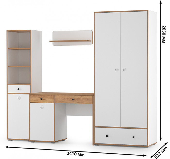 Вуди Компоновка № 22, цвет белый премиум/дуб крафт золотой, ШхГхВ 241х52,7х205 см., универсальная сборка