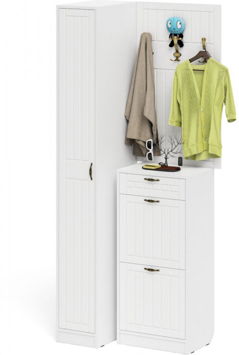 Прихожая П-6 Компоновка № 44, цвет белая шагрень/фасады МДФ белое дерево фрезеровка прованс, ШхГхВ 90х50х220 см., универсальная сборка