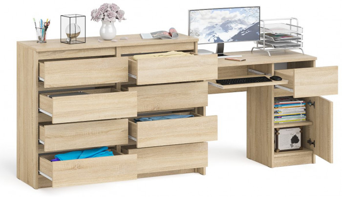 Мори компьютерный стол МС-1 правый + Комод МК1200.8, дуб сонома