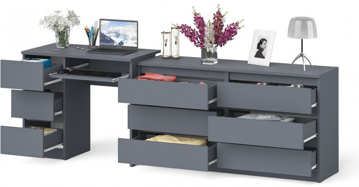 Мори Стол компьютерный МС-6 левый + Комод МК1380.6, цвет графит, ШхГхВ 228х50х76,6 см., выдвижные ящики слева, НЕ универсальная сборка