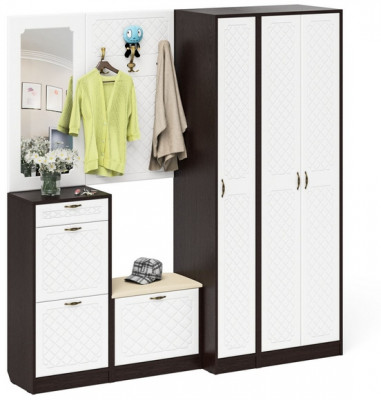 Прихожая П-6 Компоновка № 51, цвет венге/фасады МДФ белое дерево фрезеровка ромб, ШхГхВ 200х50х210 см., универсальная сборка