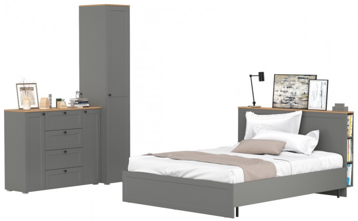 Остин 11.53 Кровать + ортопед + 13.225 Шкаф-пенал + 16.221 Комод, серый графит/дуб крафт золотой