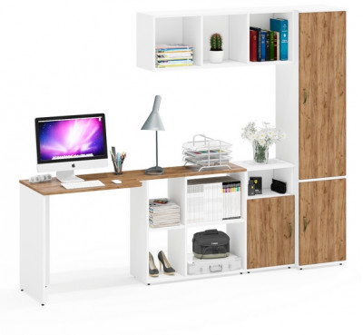 Лидер-8 Стол + Полка + Тумба МД 3.19 + Пенал МД 21Б, цвет белый шагрень/крафт золото, ШхГхВ 245х50/37,5х75/190 или 115х160/50х75/190 см., НЕ ун. сб.