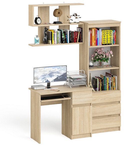 Мори Стол компьютерный МС-1 правый + Стеллаж МСТ600.3 + Полка 900, цвет дуб сонома, ШхГхВ 150,4х50х209,6 см., НЕ универсальная сборка
