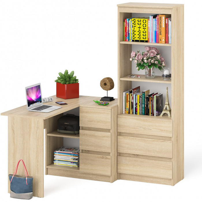 Мори Стол компьютерный МС-16 правый + Стеллаж МСТ600.3, цвет дуб сонома, ШхГхВ 184,8х84,9х179,6 см., выдвижные ящики справа, НЕ универсальная сборка