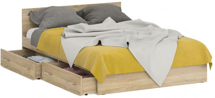 Стандарт Кровать с ящиками 1400, цвет дуб сонома, ШхГхВ 143,5х203,5х70 см., сп.м. 1400х2000 мм., без матраса, основание есть